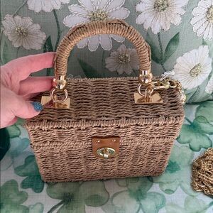 Shiraleah Tan Woven Mini Bag sold with matching bag charm.